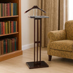 Proman Products Kyoto Suit Valet Stand VL36220 with Large Top Tray, Contour Hanger, Trouser Bar, Tie & Belt Hooks, 17” W x 12.5”D x 45”H, Mahogany