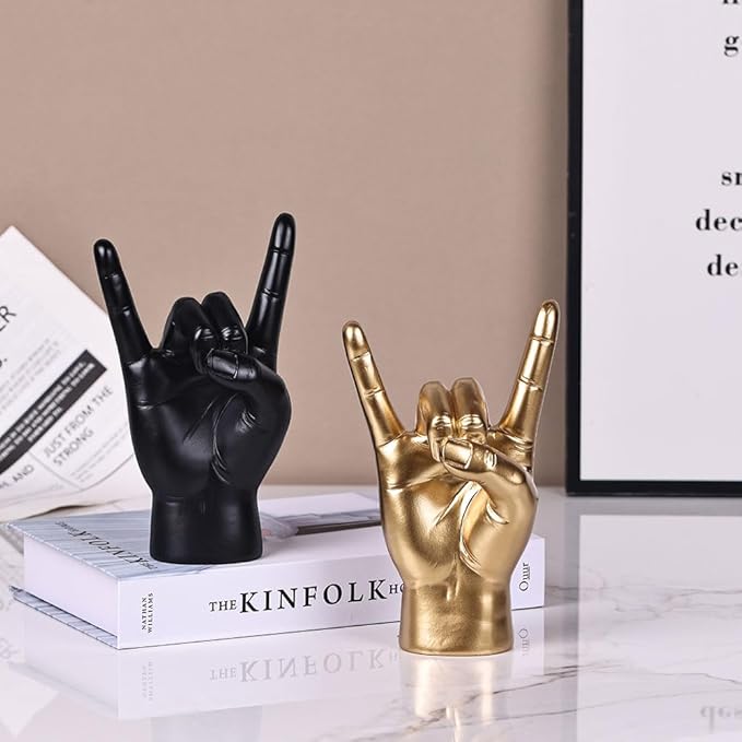 QIANLING 7.7" Black Resin Rock On Hand Gesture Statue - Rock Culture Music Lovers' Decorative Tabletop Sculpture for Bookshelf, Desk & Mantel Decor in Home or Office, Modern Symbolic Figurine