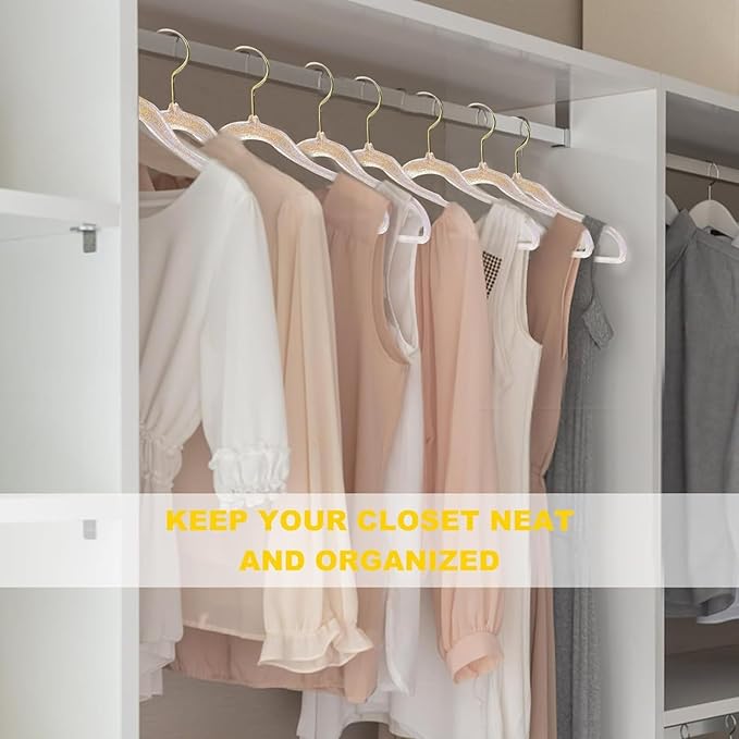 VSV stoage Clear Clothes Hangers 16", 40 Pack Plastic Coat Hanger for Adult Closet, Bling Thin Hangers with Swivel Gold Hook, Notched Shoulders Perchas - Clothing Rack for Bridesmaid Dresses