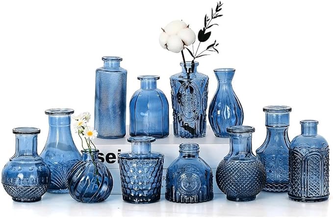 Mini Bud Vases Centerpieces for Tables,Clear Bud Vases for Flowers,Small Flower Vases Suitable for Birthday Party,Anniversary,Wedding Reception,Baby Shower (Blue, 12PCS)