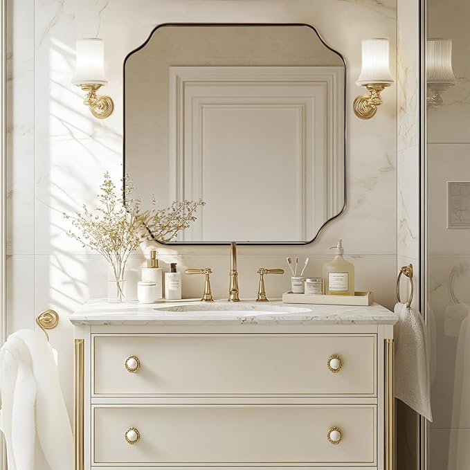 ANDY STAR Square Gold Vanity Mirrors, 24"x24" Brushed Brass Scalloped Bathroom Mirror, Antique Wall Mirror with Anti-Rust Stainless Steel Frame, Rounded Notched Corner Design Ideal for Home Deocr