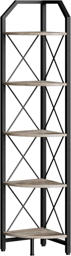 CHOEZON 5-Tier Corner Shelf, Industrial Corner Bookshelf, 59.4" Corner Storage Stand, Plant Stand Display Shelf, Corner Bookcase for Bedroom, Living Room, Home Office, Greige and Black TCJ10BG