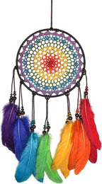 Dream Catcher Wall Decor Kit with Feathers and Beads Pendant, Handwoven for Bedroom Living Room Decoration (Rainbow)
