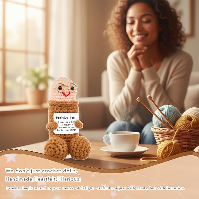 Funny Positive Crochet Animals Gag Doll Emotional Support Stuffed plushies for Adult Men Women,Weird Things Motivational White Elephant (Brown Doll with Glasses)
