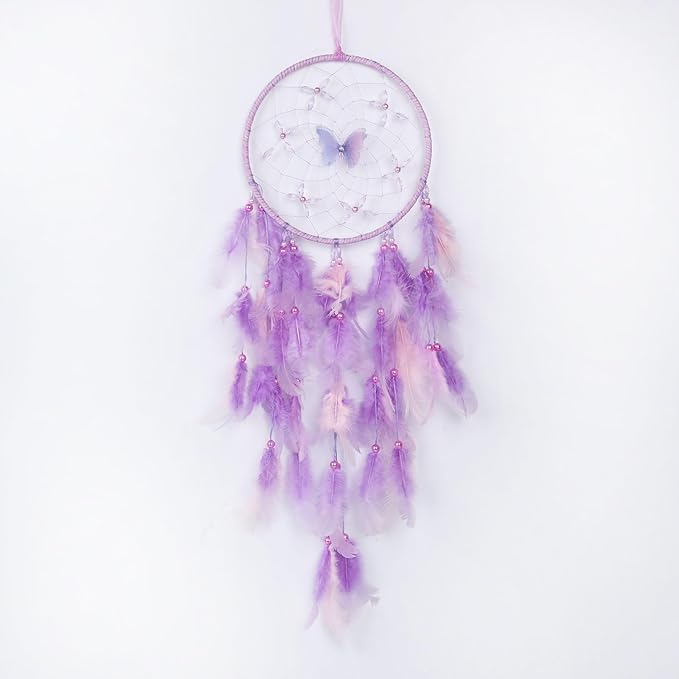 Pretty Jolly Dreamy Girls Butterfly Dream Catcher Wall Decor Fairy Purple Feather Baby Dreamcatcher Handmade Home Décor Wall Hanging for Nursery Bedroom Girls Birthday Gift