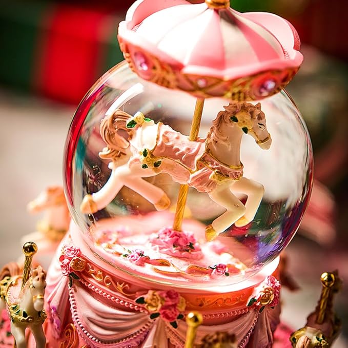 Carousel Horse Music Box Snow Globe, Light Up Pink Unicorn Design, Christmas Decor, Birthday, Valentine's Day Gift for Girls/Women Kids