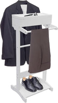 Clothes Valet Stand Holder for Men Suit Coat Rack Hanger Stand, Suit Valet Stand for Men and Women, Wood Clothes Stand with Top Tray and Storage Organizer, Clothes Trouser Bar Rack (White)