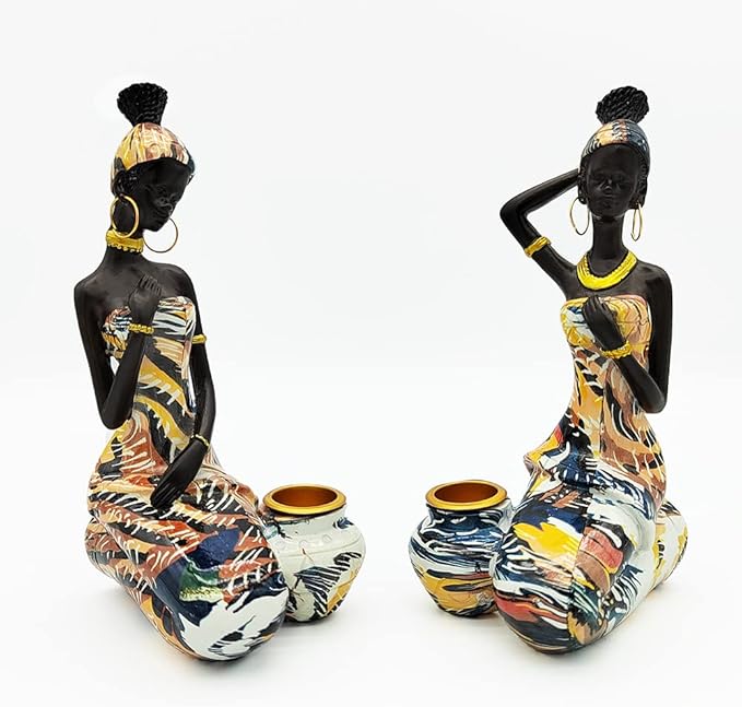 African Statues Art Sculptures Women Figure Girls Tribal Lady Figurine Black Women Home Decor Collectible Creative Vintage Gift Crafts (Yellow Dress)