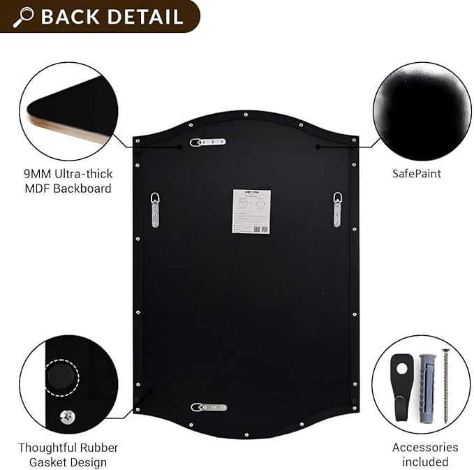 ANDY STAR Rectangle Scalloped Mirror, 24"x40" Matte Black Bathroom Mirror in SUS304 Stainless Steel Metal Frame, Irregular Vanity Mirror with Unique Arched Top Design