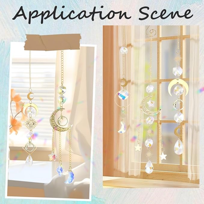 SUNNYCLUE 1 Box DIY 8 Sets Sun Catchers Kit Moon Suncatchers Gold Star Crescent Hanging Prism Suncatcher with Crystal Rainbow Maker for Windows Indoor Outdoor Home Garden Party Wedding Decor Gifts