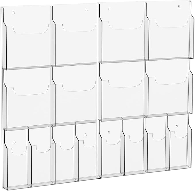 Acrylic Brochure Pamphlet Holder, 8 Magazine Holders and 8 Pamphlet Holders, Clear Brochure Display Holder Wall Mount, Trifold Flyer Rack, Literature Storage Rack for Home, Offices, Waiting Room