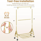 Double Rods Clothing Rack, Heavy Duty Clothes Rack for Hanging Clothes Load 560LBS, Metal Rolling Garment Racks with Wheels, Freestanding Clothes Hanging Racks, Gold