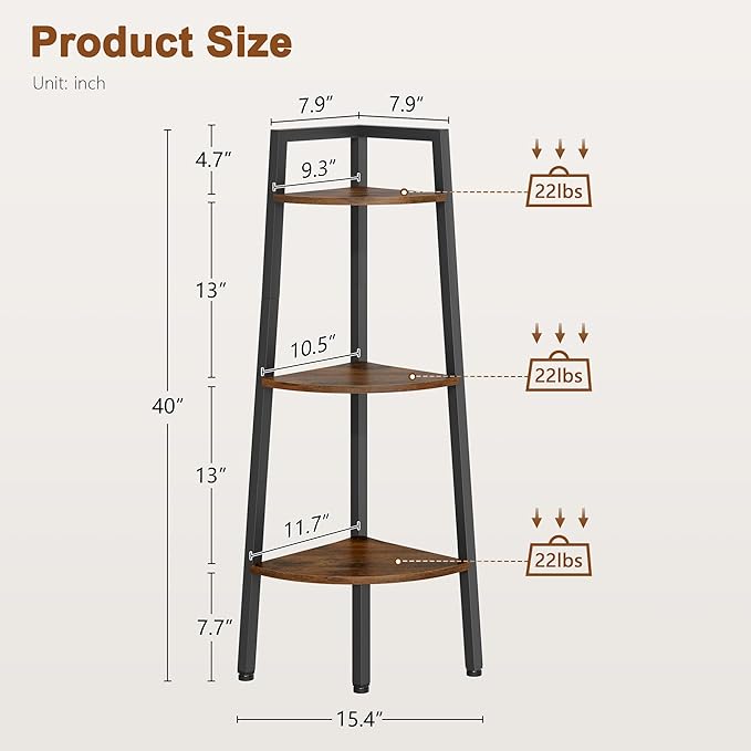 Hoctieon Corner Shelf, 3-Tier 40" Tall Corner Bookshelf, Rustic Ladder Shelf, Industrial Display Stand for Living Room, Kitchen, Home Office, Balcony, Small Space, Metal Frame, Rustic Brown