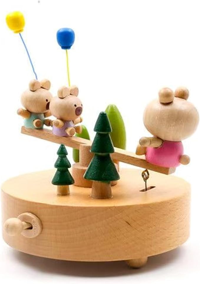 Natural Solid Wood Handcrafted Beech Wooden, Musical FigureTotoro/Carousel/Fairy/Ballerina Figurine,Rotating Hand Crank Mechanism Music Box,Musical Decorations (Seesaw)