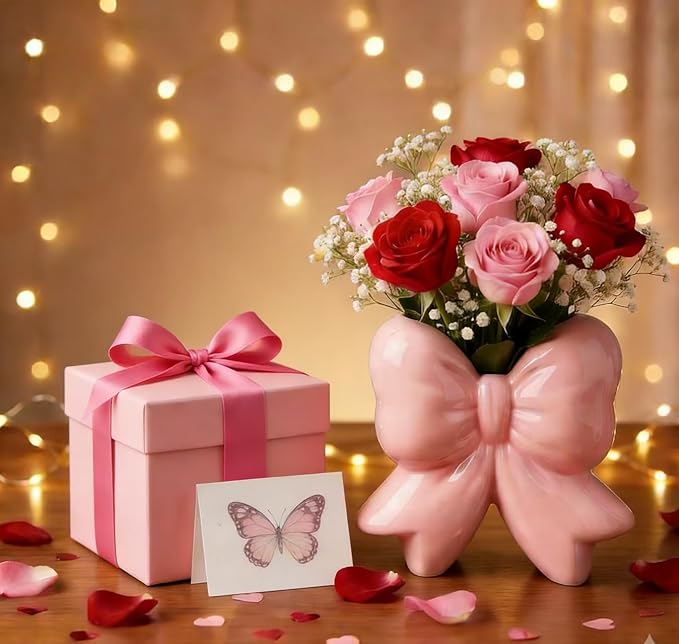 Pink Bow Vase, Pink Flower Vase for Home Decor, Coquette Ceramic Vase for Boho Style, Ceramic Vase for Ideal Shelf Decor/Table/Living Room.