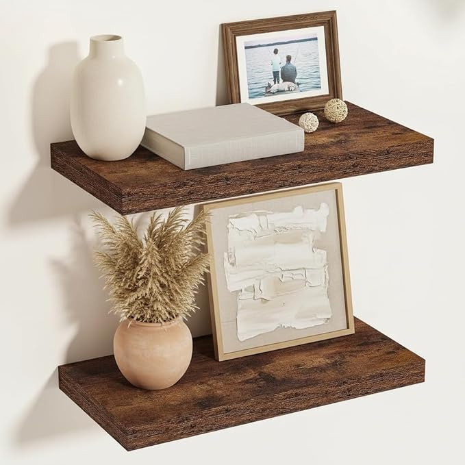 Vivelove 12 Inch Deep Floating Shelves for Wall, 16" Long Wall Shelves with Invisible Brackets, for Living Room Bedroom Bathroom, Farmhouse Rustic Shelves Home Decor, Set of 2, Rustic Brown