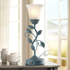 Vintage Touch Table Lamp for Living Room, 3-Way Dimmable Nightstand Lamp with 2 USB Ports, Farmhouse Rustic White Glass Shade Leaf Desk Lamp for Bedroom End Table, LED Bulb Included