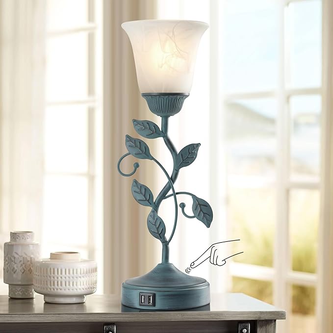 Vintage Touch Table Lamp for Living Room, 3-Way Dimmable Nightstand Lamp with 2 USB Ports, Farmhouse Rustic White Glass Shade Leaf Desk Lamp for Bedroom End Table, LED Bulb Included