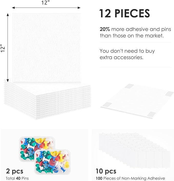 Large Cork Board for Walls 48"x36" |Cork Board Alternative| 12 Pack Felt Wall Tiles| White Bulletin Board with Removable Adhesive | Cork Boards Pinboard for Office Home Classroom,White