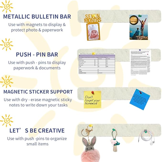 Vuzvuv 8 pcs Bulletin Board Bar Strips with 50 Pushpins & 10 Wooden Clip pins，Self Adhesive Cork Board for Wall，Felt Pin Board for School，Office Decor(Cream White)