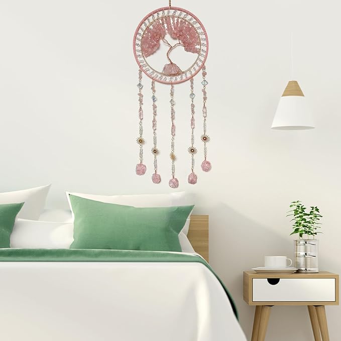 Crystal Tree of Life Dream Catchers with Stone Pendant Pink Dream Catcher Wall Decor Handmade Dreamcatcher Wall Hanging Ornament for Bedroom Living Room Home Decor