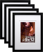 Egofine 9x12 Picture Frames Set of 4, Made of Solid Wood Covered by Plexiglass 5x7 and 6x8 with Mat or 9x12 without Mat, for Table Top Display and Wall Mounting Photo Frame Black