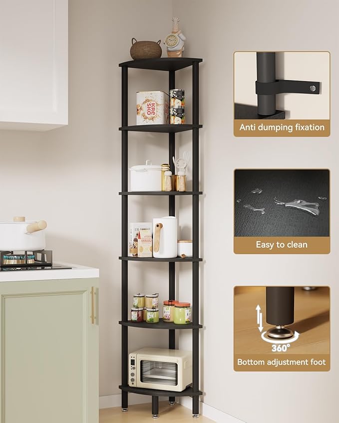 IBUYKE 6 Tier Corner Shelf Stand,Industrial Corner Display Rack,Corner Bookshelf for Living Room, Bedroom, Kitchen, Home Office, Black WBC011B