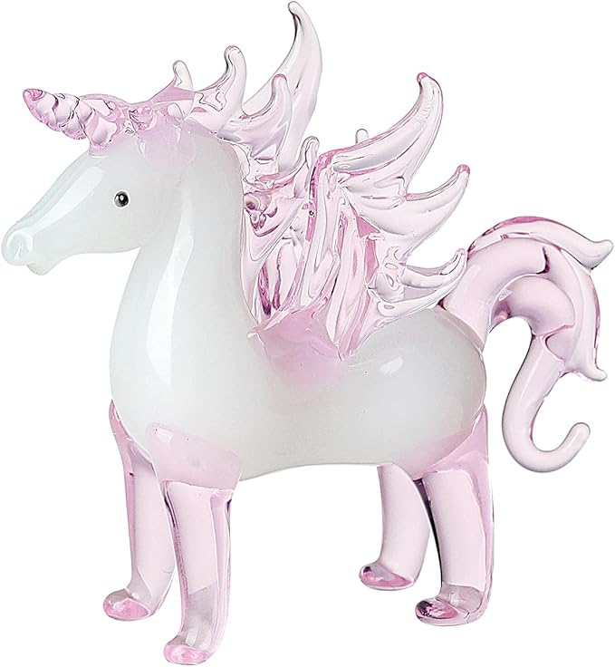 LONGWIN Crystal Pink Unicorn with Wings Animal Collectible Figurines, Hand Blown Glass Animal Gifts for Girls and Women Home Decor