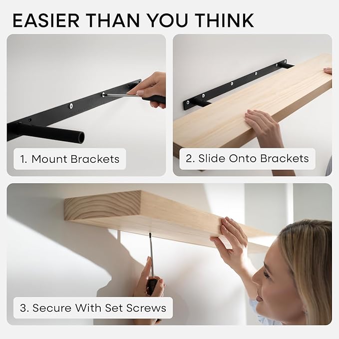 Homeforia 60 inch Wood Floating Shelf, High End Solid Natural Long Wood Shelf for Wall 60 inches, Unfinished Wooden 60inch Large Floating Shelves, Heavy Duty Bracket, 60 X 6.5 X 1.75 in, Set of 3