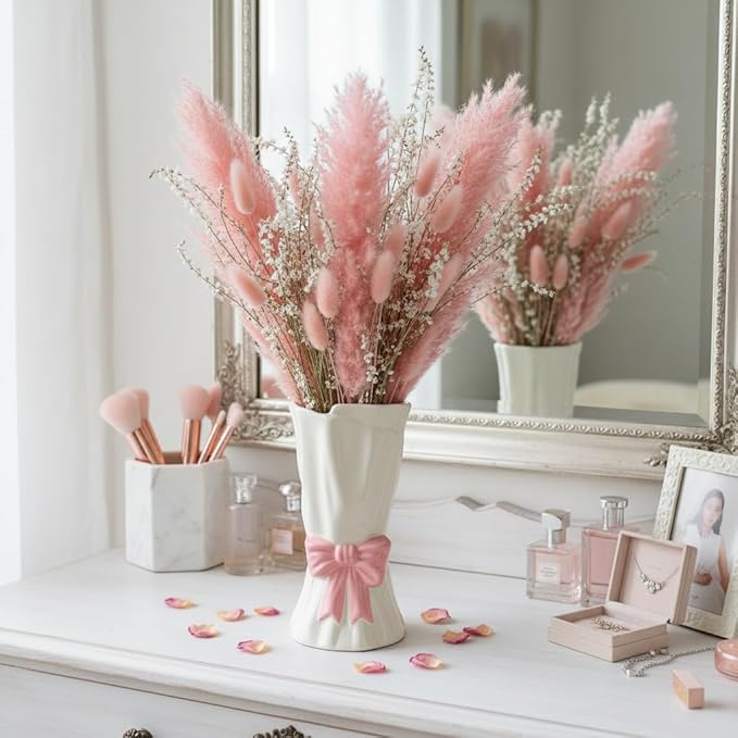 Pink Bow Vase, Hot Pink Flower Vase for Home Decor, Ceramic Vases for Boho Style, Small Cute Vases for Ideal Shelf Decor/Table/Living Room. (Pink 7, Large)
