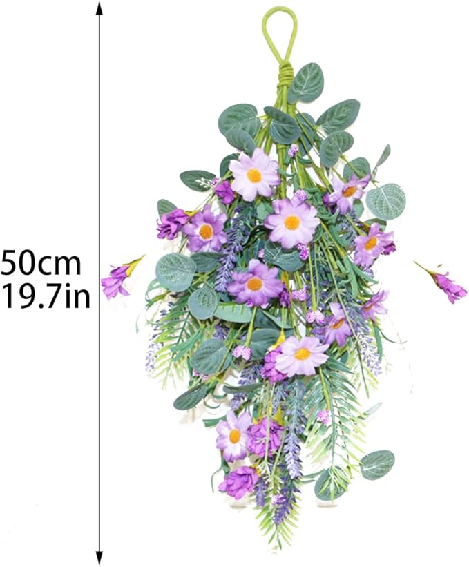 19.7in Purple Lavender Daisy Teardrop Swag, Artificial Floral Swag with Green Leaves, Fake Daisy Flower Swag Front Door Decorative Swag for Door Wall Wedding Arch Decor(Multicolour)