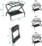 Smuxee Black Luggage Rack, Foldable Suitcase Stand with Fabric Storage Shelf, Luggage Holder with 4 Nylon Straps for Guest Room Bedroom Hotel