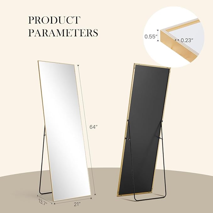 DUMOS 64"x21" Full Length Mirror, Full Body Mirror with Aluminum Alloy Thin Frame, Standing Mirrors with Leaning or Hanging, Suitable for Bedroom, Livingroom, Cloakroom, Gold