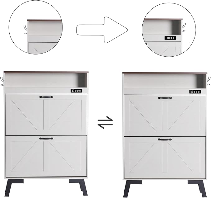 TaoHFE Deodorizing Shoe Organizer Cabinet Storage for Entryway,Shoe Cabinet Storage with 2 Flip Drawers,White Fluted Shoe Cabinet with Air-Purifier,Farmhouse Hidden Cabinet