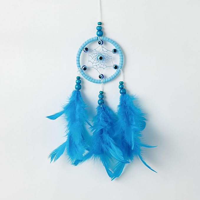 Pretty Jolly Small Evil Eye Dream Catchers Wall Decor Wood Beads Handmade Blue Feathers Mini Dreamcatchers Home Decoration Ornament for Car Bedroom Birthday Party