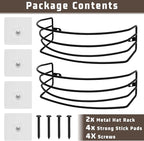 Hat Organizer for Baseball Caps, 2-Pack Black Metal Hat Rack for Wall Door, Adhesive/Wall Mounted Hat Storage Holder Small Closet Organizers and Storage Solution Ideas