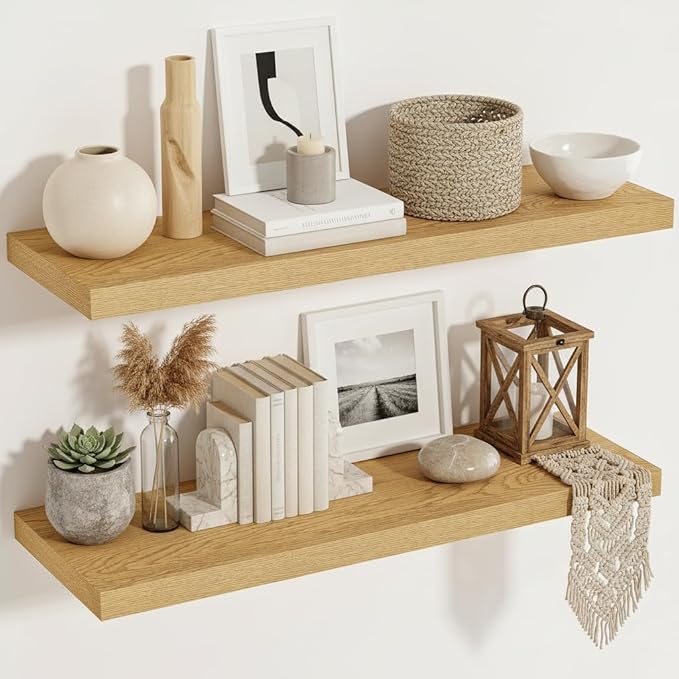 Vivelove 12 Inch Deep Floating Shelves 35.4 inch Long, Thick Wall Shelves with Invisible Brackets, for Bedroom Bathroom Living Room Kitchen Office, Rustic Farmhouse Decor, 36x12x1.5 Set of 2, Oak