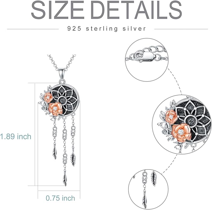 Dream Catcher Pendant Necklace 925 Sterling Silver Synthetic Moonstone Crystal Sunflower Rose Flower Evil Eye Dreamcatcher Cremation Jewelry Gifts for Women Wife Mom
