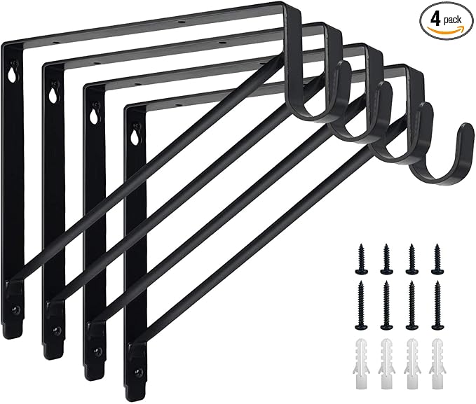 4 Pack Heavy Duty Closet Shelf & Rod Brackets,Closet Rod Bracket,Shelf Brackets Clothes,Closet Shelves Bracket with Rod Shelving Support,with Screws Black