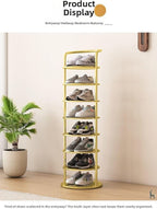 Bamboo Shoe Rack Organizer, 2-10 Tiers, Natural or Tea Color, No-Tool Assembly, Foldable Storage Shelf (Round Eight-Layer Gold)