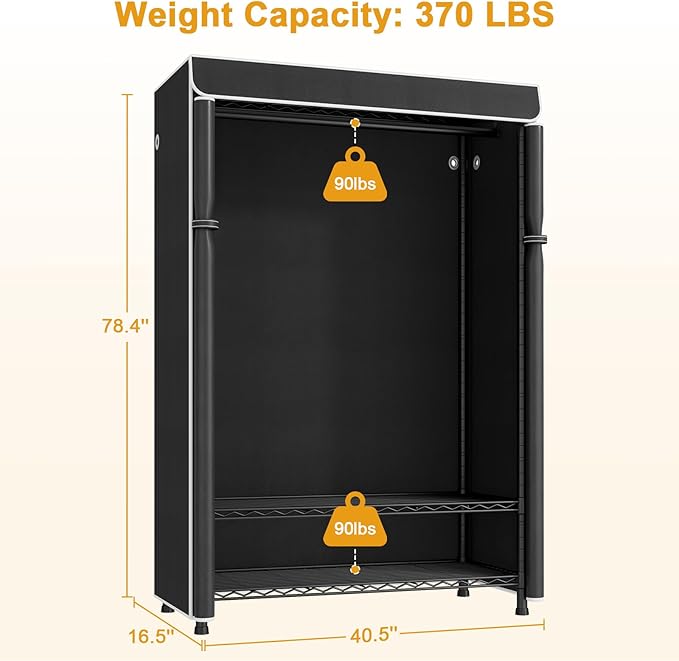 H5C Plus Clothes Rack with Cover, Portable Closet for Hanging Clothes, Covered Clothing Racks Heavy Duty, 3-Tiers Garment Rack with Shelves Max Load 370LBS Black Closet Rack with Black Cover