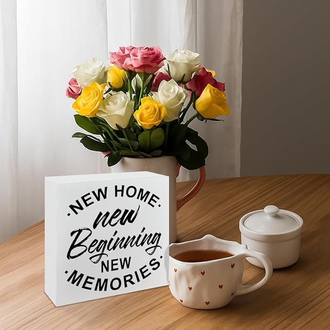 New Home New Beginning, Farmhouse Home Decor, Entryway Sign, Living Room Signs, Gift from Realtor, Housewarming Gift, Box Sign Decor Tabletop, Hallway Decoration, 5.1x5.1inches