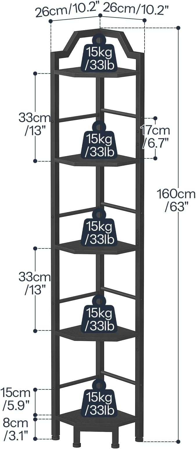 HOOBRO Narrow Corner Shelf Stand, 5-Tier Corner Shelf, 63” Tall Multipurpose Corner Bookshelf, Standing Display Shelf Plant Stand, for Living Room, Study, Kitchen, Black BB100CJ01
