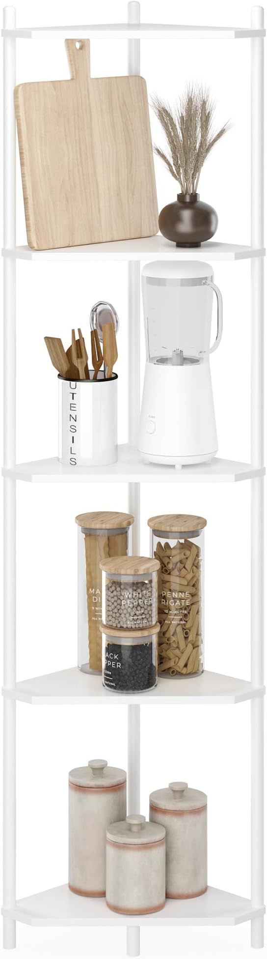Wisuce Corner Shelf Stand - 5 Tier White Bamboo Small Corner Bookshelf for Office Kitchen Bedroom Plant Stand Living Room Decor Small Space
