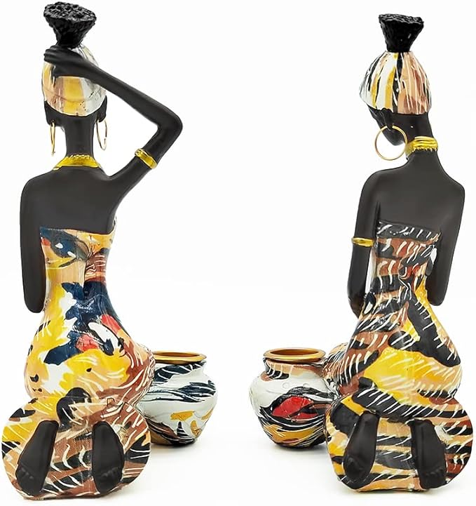 African Statues Art Sculptures Women Figure Girls Tribal Lady Figurine Black Women Home Decor Collectible Creative Vintage Gift Crafts (Yellow Dress)