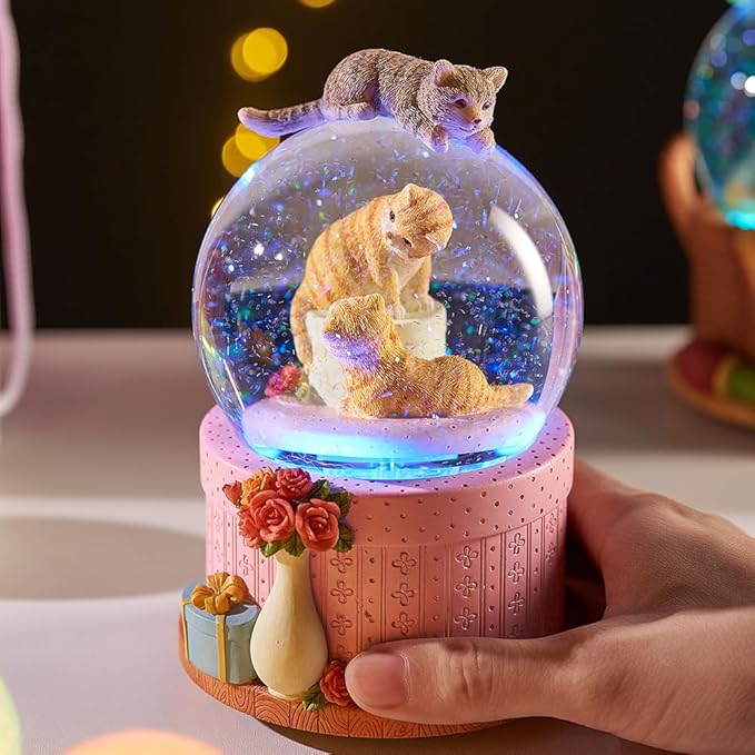 LOVE FOR YOU Gift Wrapped Music Box Cat Lovers Flower Basket Musical Snow Globe Decoration for Girls and Women Kids Niece Sister Daughter Mom Granddaughter Grandma Christmas Birthday Present