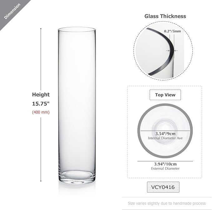 WGVI Quality Thick Weighted Tall Clear Cylinder Glass Vases, 4" W x 16" H, Flower Arrangement Floating Candle Holders Wedding Centerpieces Event Floral Container Accent Home Decor, 1 Piece