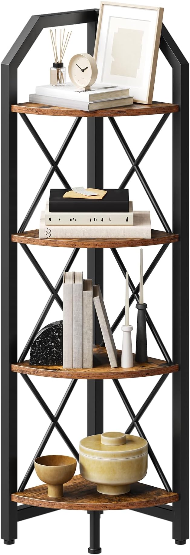 CHOEZON 4-Tier Rustic Brown and Black Corner Shelf, 4-Shelf Industrial Corner Bookshelf, Space-Saving Corner Storage Stand, Plant Stand Display Shelf, Bedroom, Living Room, Home Office
