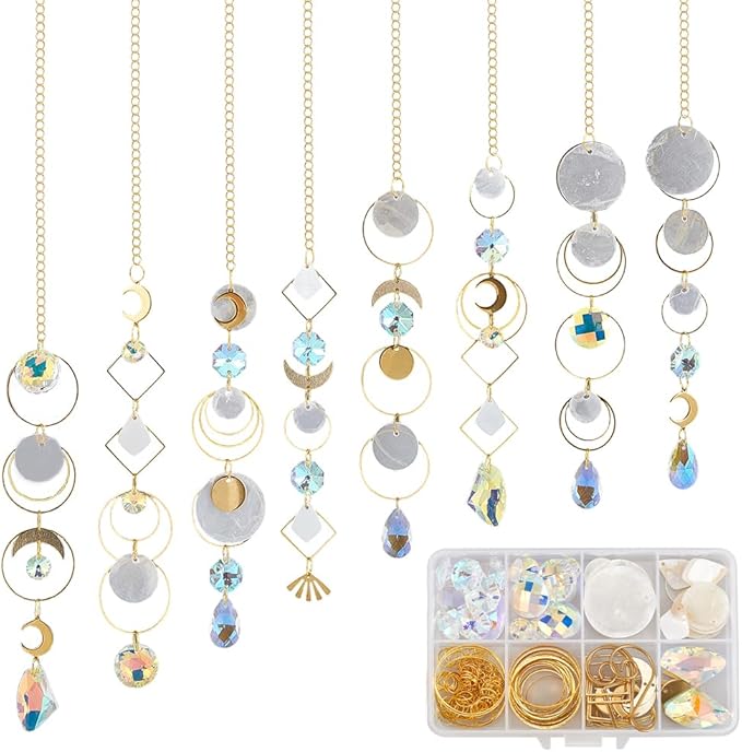 SUNNYCLUE 1 Box DIY 8 Sets Suncatcher DIY Kits Rainbow Maker Suncatcher Hanging Gold Moon Summer Capiz Shell Colorful Glass Crystal Rainbow Maker Sun Catchers for Window Indoor Outdoor Door Decors