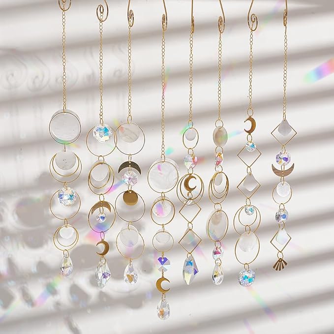 SUNNYCLUE 1 Box DIY 8 Sets Suncatcher DIY Kits Rainbow Maker Suncatcher Hanging Gold Moon Summer Capiz Shell Colorful Glass Crystal Rainbow Maker Sun Catchers for Window Indoor Outdoor Door Decors